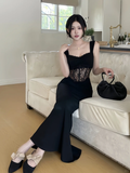 Classy Mermaid Sweetheart Black Satin Lace Long Prom Dresses Formal Dress HZ1024