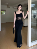 Classy Mermaid Sweetheart Black Satin Lace Long Prom Dresses Formal Dress HZ1024