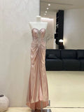 Chic Mermaid Strapless Pink Satin Beads Pleated Long Prom Dresses Formal Dress HZ1024