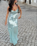 Gorgeous Mermaid Spaghetti Straps Chiffon Sequin Long Prom Dresses Formal Dress HZ1024