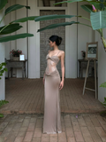 Sexy Bodycon Mermaid Spaghetti Straps Satin Lace Pleated Long Prom Dresses Formal Dress HZ1024