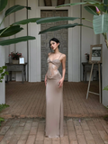 Sexy Bodycon Mermaid Spaghetti Straps Satin Lace Pleated Long Prom Dresses Formal Dress HZ1024