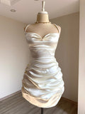Mermaid Spaghetti Straps Satin Beads Pleated Short Homecoming Dress 19th Birthday Outfits HZ1024