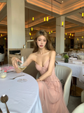 Classy A Line Strapless Tulle Lace Long Prom Dresses Formal Dress HZ1024