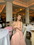 Classy A Line Strapless Tulle Lace Long Prom Dresses Formal Dress HZ1024