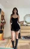 Black A Line Spaghetti Straps Satin Lace Short Homecoming Dress 20th Birthday Outfits HZ1024