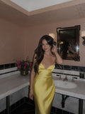 Simple Yellow Mermaid Spaghetti Straps Satin Long Prom Dresses Formal Dress HZ1024
