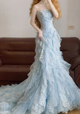 Gorgeous A line Strapless Pale Blue Chiffon Lace Beads Long Prom Dresses Formal Dress HZ1024