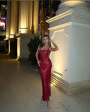 Sparkly Mermaid Spaghetti Straps Burgundy Sequin Long Prom Dresses Formal Dress HZ1024