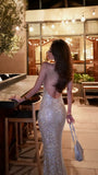 Glitter Mermaid Halter Sequin Backless Long Prom Dresses Formal Dress HZ1024