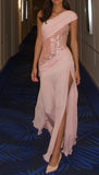 Unique Pink Mermaid One Shoulder Chiffon Sequin Slit Long Prom Dresses Formal Dress HZ1024
