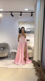 Pretty A Line Strapless Pink Satin Beads With Slit Long Prom Dresses Formal Dress HZ1024