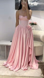Pretty A Line Strapless Pink Satin Beads With Slit Long Prom Dresses Formal Dress HZ1024