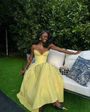 Classy A Line Strapless Yellow Satin Long Prom Dresses Formal Dress HZ1024