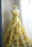 Yellow Ball Gown Strapless Satin Chiffon Flower Long Prom Dresses Formal Dress HZ1024