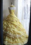 Yellow Ball Gown Strapless Satin Chiffon Flower Long Prom Dresses Formal Dress HZ1024