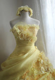 Yellow Ball Gown Strapless Satin Chiffon Flower Long Prom Dresses Formal Dress HZ1024