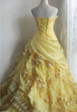 Yellow Ball Gown Strapless Satin Chiffon Flower Long Prom Dresses Formal Dress HZ1024