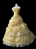 Yellow Ball Gown Strapless Satin Chiffon Flower Long Prom Dresses Formal Dress HZ1024