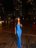 Simple Mermaid Spaghetti Straps Blue Satin Long Prom Dresses Formal Dress HZ1024