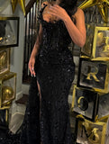 Gorgeous Mermaid Strapless Black Satin Sequin Beads Slit Long Prom Dresses Formal Dress HZ1024