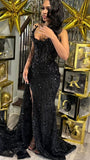 Gorgeous Mermaid Strapless Black Satin Sequin Beads Slit Long Prom Dresses Formal Dress HZ1024