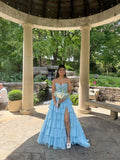 Pale Blue A Line Sweetheart Satin Chiffon Tiered Slit Long Prom Dresses Formal Dress HZ1024