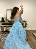 Pale Blue A Line Sweetheart Satin Chiffon Tiered Slit Long Prom Dresses Formal Dress HZ1024