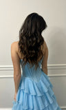 Pale Blue A Line Sweetheart Satin Chiffon Tiered Slit Long Prom Dresses Formal Dress HZ1024