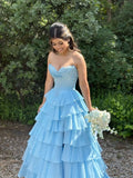 Pale Blue A Line Sweetheart Satin Chiffon Tiered Slit Long Prom Dresses Formal Dress HZ1024