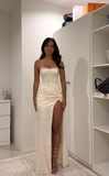 Classy Mermaid Strapless Satin Pleated Slit Long Prom Dresses Formal Dress HZ1024