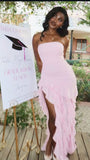 Pink Mermaid Strapless Satin Chiffon Ruffles Slit Long Prom Dresses Formal Dress HZ1024