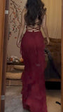 Pretty Mermaid Halter Burgundy Satin Chiffon Ruffles Backless Long Prom Dresses Formal Dress HZ1024
