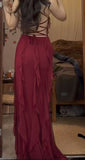 Pretty Mermaid Halter Burgundy Satin Chiffon Ruffles Backless Long Prom Dresses Formal Dress HZ1024