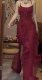 Pretty Mermaid Halter Burgundy Satin Chiffon Ruffles Backless Long Prom Dresses Formal Dress HZ1024