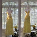 Gorgeous Mermaid Sapghetti Straps Yellow Satin Chiffon Beads Long Prom Dresses Formal Dress HZ1024