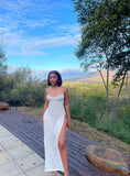 White Mermaid Halter Satin Slit Long Prom Dresses Formal Dress HZ1024