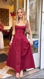 Simple A Line Spaghetti Straps Burgundy Satin Long Prom Dresses Formal Dress HZ1024