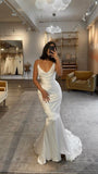White Mermaid Spaghetti Straps Satin Long Prom Dresses Formal Dress HZ1024