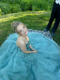Pretty A Line Strapless Tulle Applique Long Prom Dresses Formal Dress HZ1024