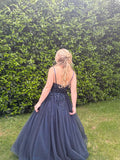 Elegant A Line Spaghetti Straps Navy Blue Tulle Sequin Long Prom Dresses Formal Dress HZ1024