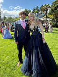 Elegant A Line Spaghetti Straps Navy Blue Tulle Sequin Long Prom Dresses Formal Dress HZ1024