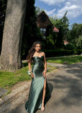 Classy Mermaid Strapless Satin Slit Long Prom Dresses Formal Dress HZ1024