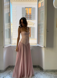 Elegant A Line Spaghetti Straps Pink Satin Long Prom Dresses Formal Dress HZ1024