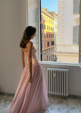 Elegant A Line Spaghetti Straps Pink Satin Long Prom Dresses Formal Dress HZ1024