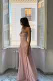 Elegant A Line Spaghetti Straps Pink Satin Long Prom Dresses Formal Dress HZ1024