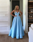 Classic A Line Spaghetti Straps Pastel Yellow Satin Long Prom Dresses Formal Dress HZ1024