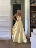 Classic A Line Spaghetti Straps Pastel Yellow Satin Long Prom Dresses Formal Dress HZ1024