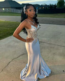 Shiny Mermaid Spaghetti Straps Satin Lace Sequin Long Prom Dresses Formal Dress HZ1024