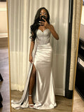 Sparkly Mermaid Sweetheart Satin Sequin Slit Long Prom Dresses Formal Dress HZ1024